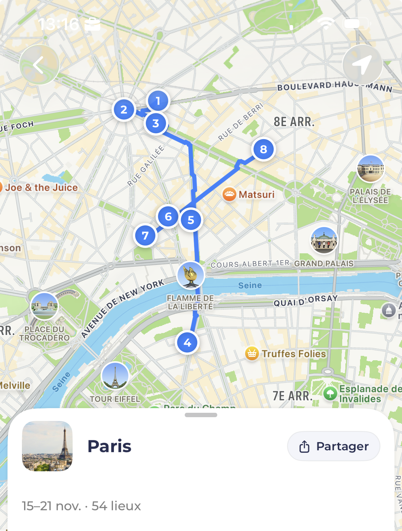 Carte interactive TomExplore avec les lieux, itinéraires et favoris d'un voyage