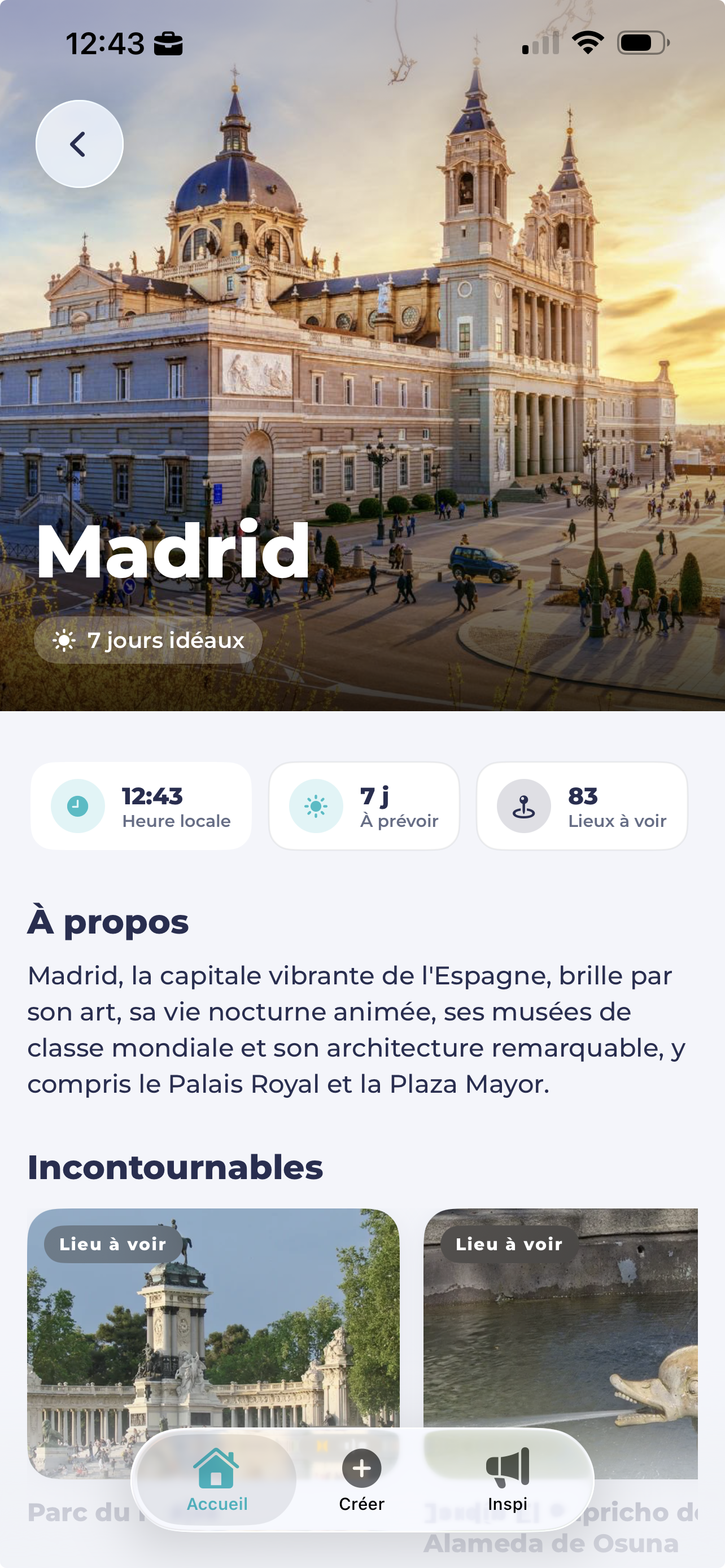 Page Madrid avec présentation de la ville et incontournables