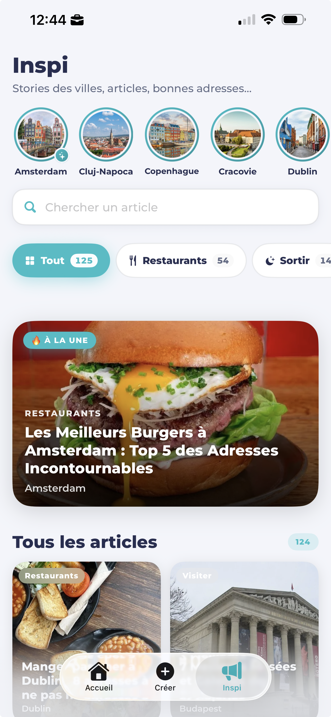 Onglet Inspi avec stories de villes et articles voyage