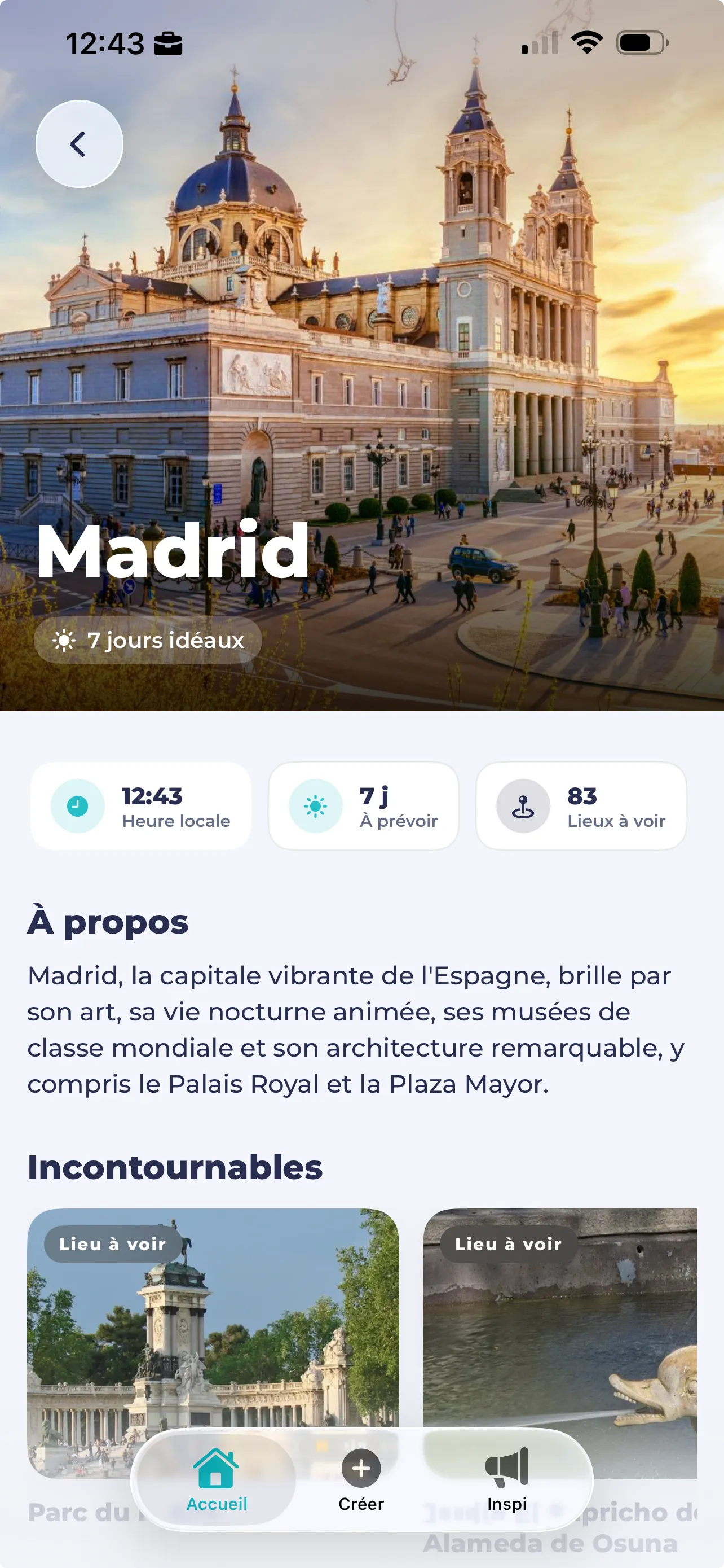 Page Madrid avec présentation de la ville et incontournables